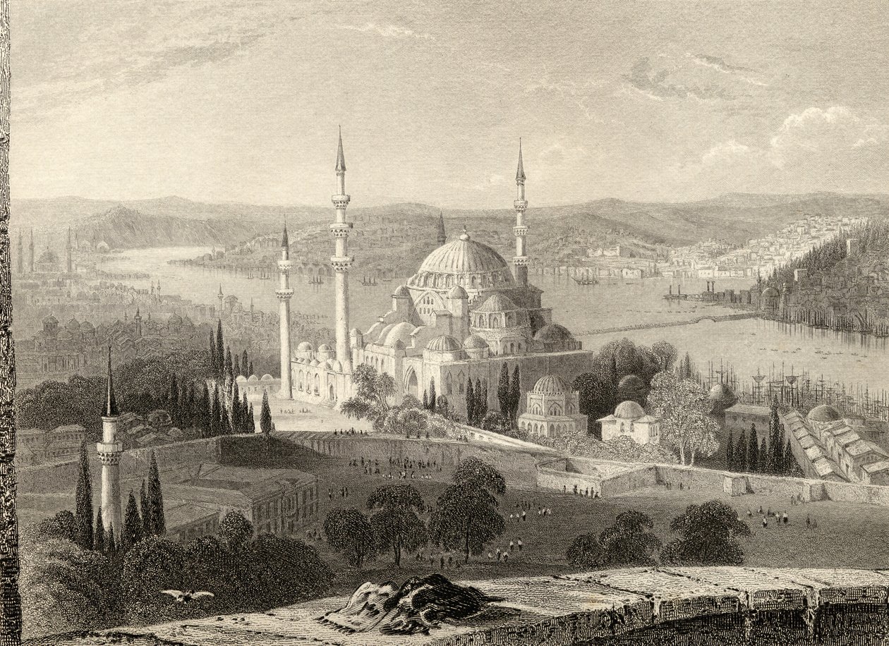 Mesquita e túmulo de Sulieman, da torre de Seraskier, Istambul, Turquia, gravada por H. Adlard de William Henry Bartlett