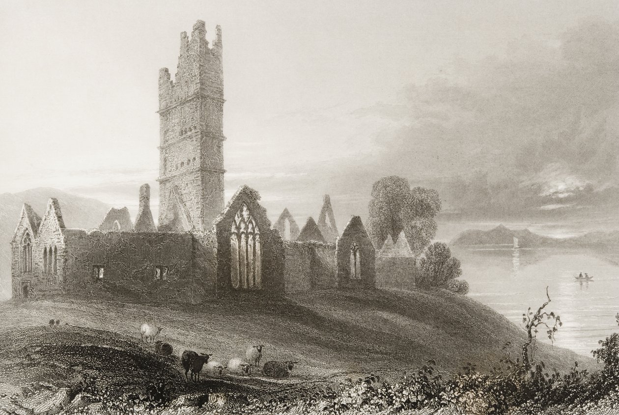 Moyne Abbey, Condado de Mayo, na Irlanda, de "Cenário e Antiguidades da Irlanda" por George Virtue, de 1860 de William Henry Bartlett