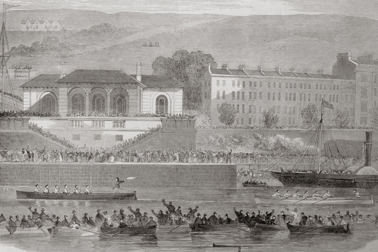 Corrida de barco naval em Cork Harbour, Condado de Cork, na Irlanda, de &39;Cenário e antiguidades da Irlanda&39; por George Virtue, de 1860 de William Henry Bartlett