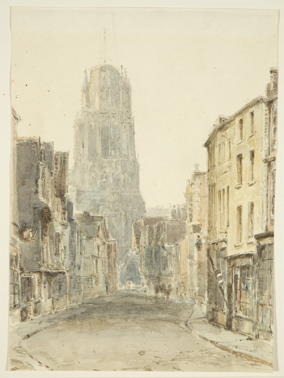 Vista Norte da Igreja de Santa Maria Redcliffe da Rua Redcliffe, c.1825 (lápis e aguarela sobre papel) de William Henry Bartlett