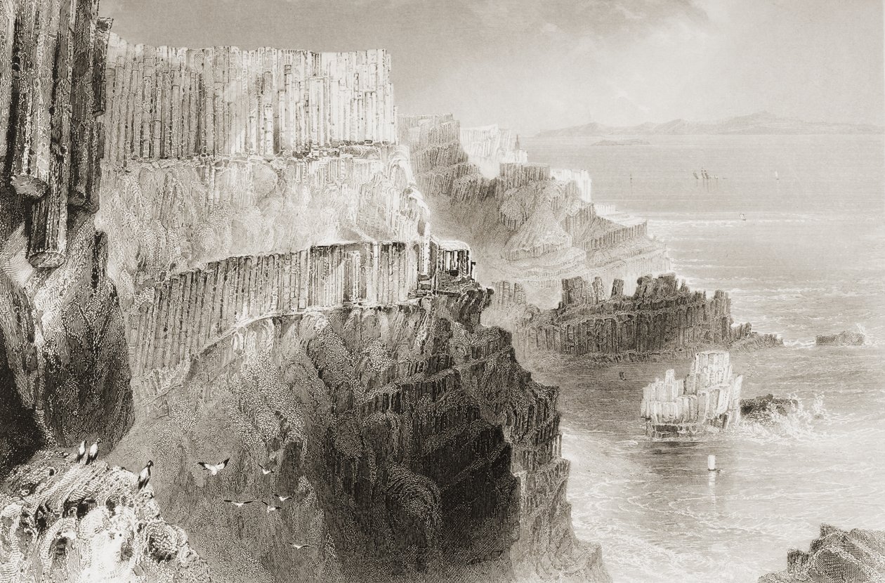 Plaiskin, penhasco, perto, calçada gigante, município, Antrim, irlanda norte, de, &39;Scenery, and, antiquities, de, Ireland&39;, por, george, virtue, 1860s de William Henry Bartlett