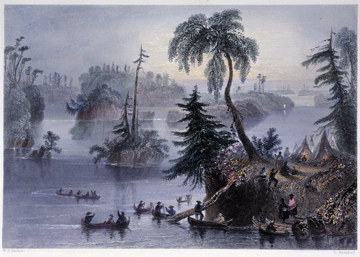 Cena entre as Mil Ilhas: Camp and Boats, Mille îles - em "Canadian scenery illustrated" por Bartlett W. H. de William Henry Bartlett