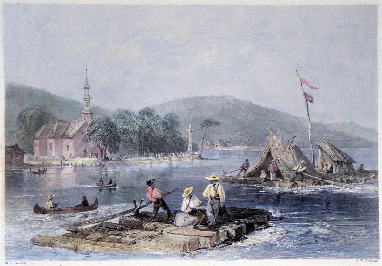 Balsas para colonos e transporte de madeira no Lago das duas montanhas - em "Canadian scenery illustrated" por Bartlett W. H. de William Henry Bartlett