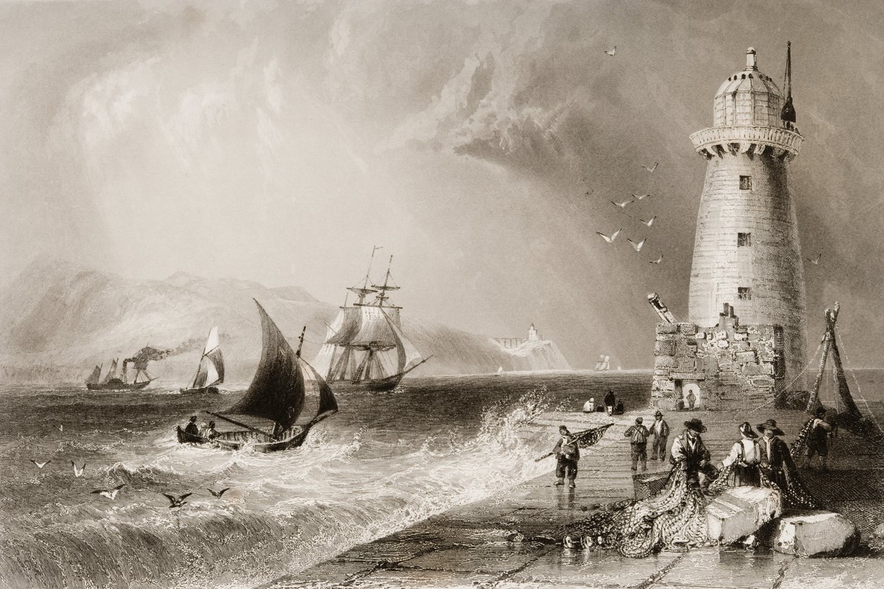 Farol da parede sul com Howth Hill à distância, Dublin, de &39;Cenário e antiguidades da Irlanda&39; por George Virtue, de 1860 de William Henry Bartlett