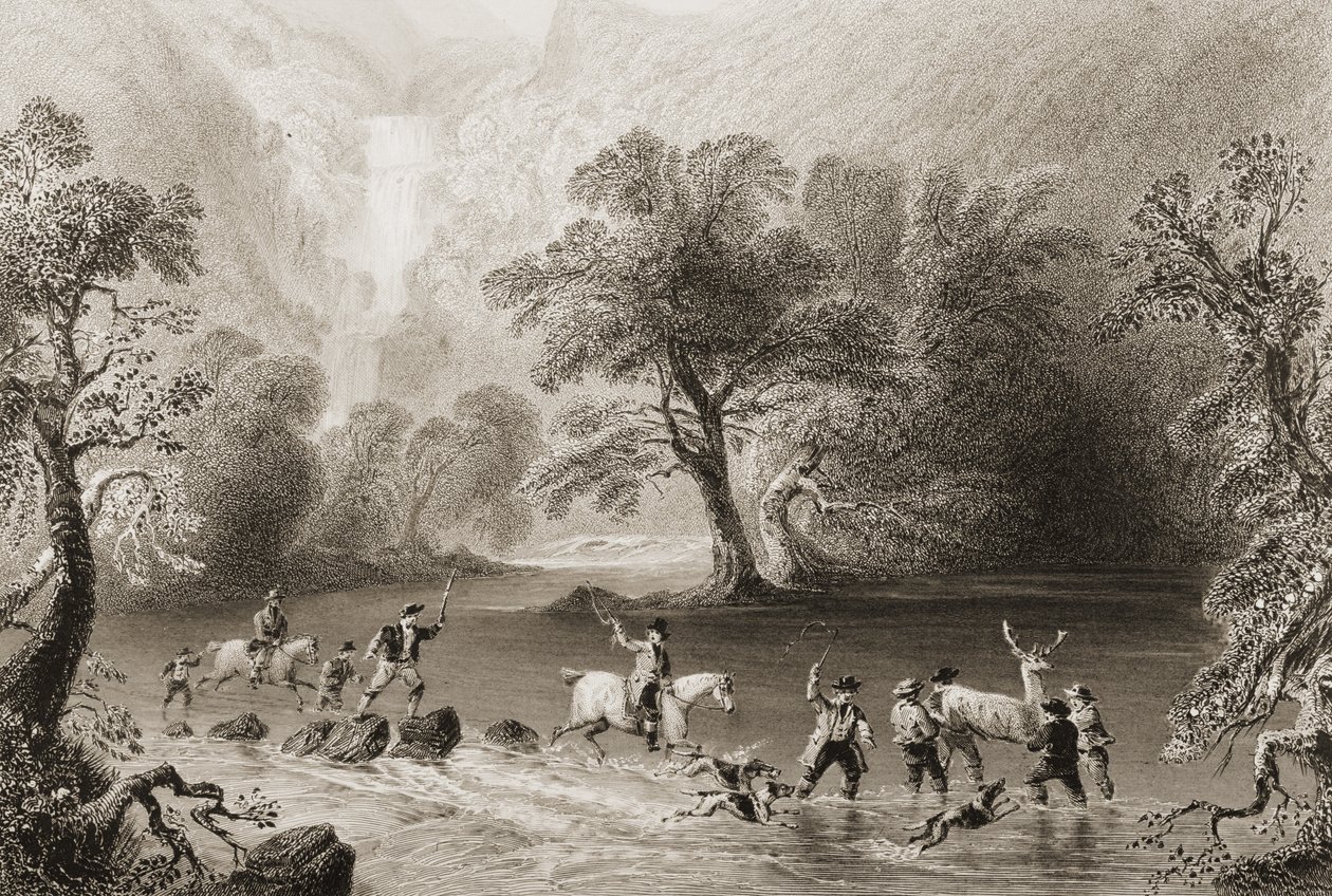Tomando um veado perto Derrycunnihy Cascade, Condado de Kerry, na Irlanda, de "Cenário e Antiguidades da Irlanda" por George Virtue, de 1860 (gravura) de William Henry Bartlett