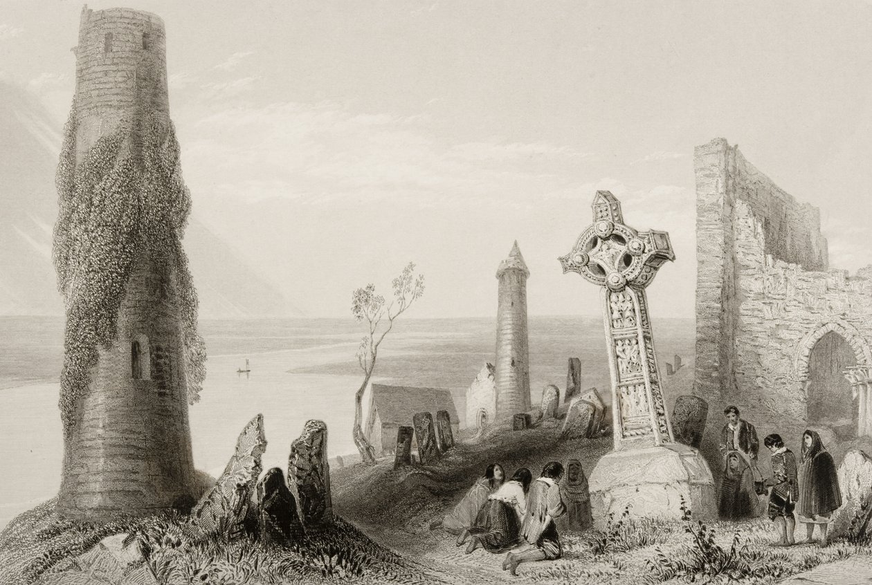A antiga cruz e torre redonda em Clonmacnois, Condado de Offaly, Irlanda, de &39;Cenário e antiguidades da Irlanda&39; (ver 131074) de William Henry Bartlett
