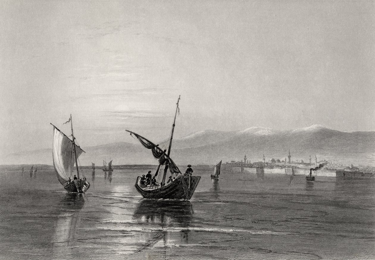 Os Bálcãs, na Bulgária, perto de Widden, gravados por J. Godfrey de William Henry Bartlett