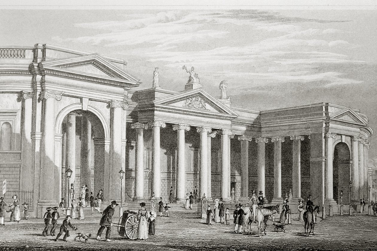 O Banco da Irlanda, Dublin, construído em 1729, de "Cenário e Antiguidades da Irlanda" por George Virtue, de 1860 de William Henry Bartlett