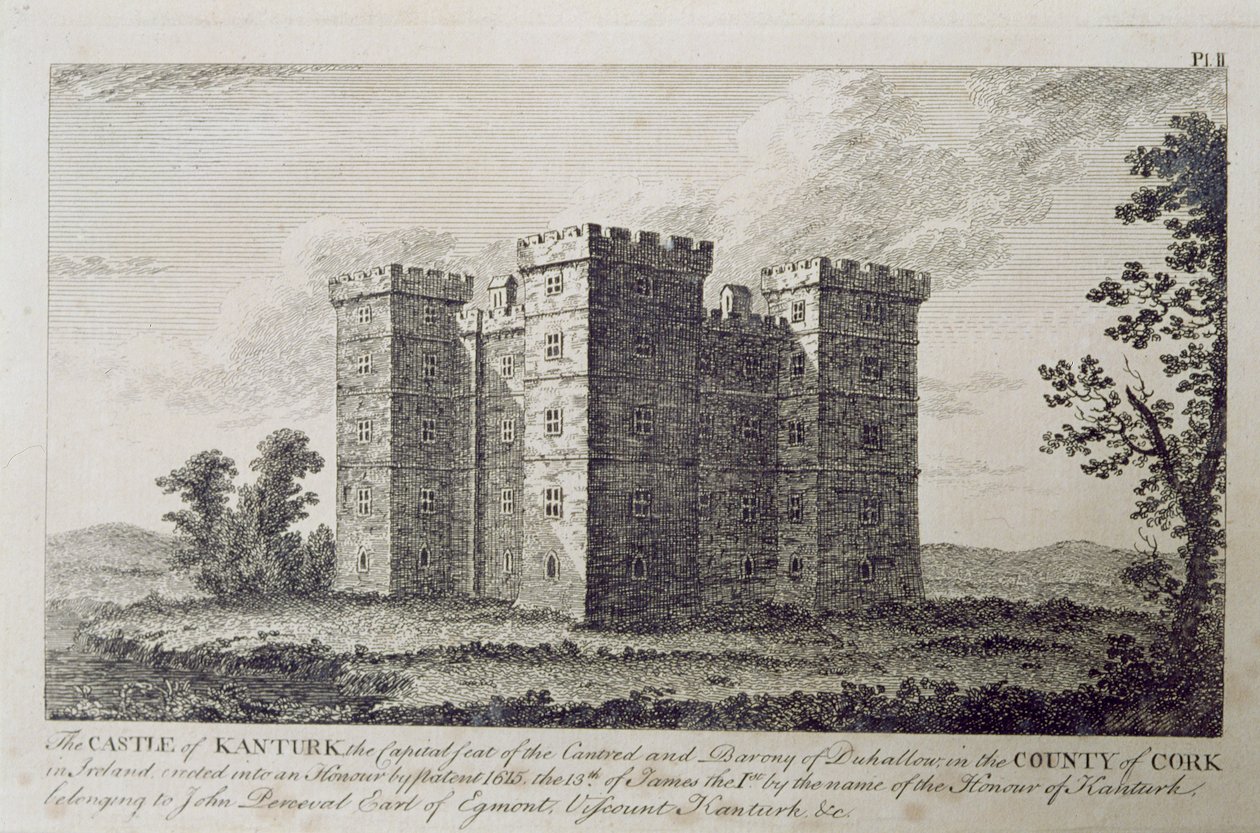 O Castelo de Kanturk, Condado de Cork, na Irlanda em 1800, de "Cenário e Antiguidades da Irlanda" por George Virtue de William Henry Bartlett