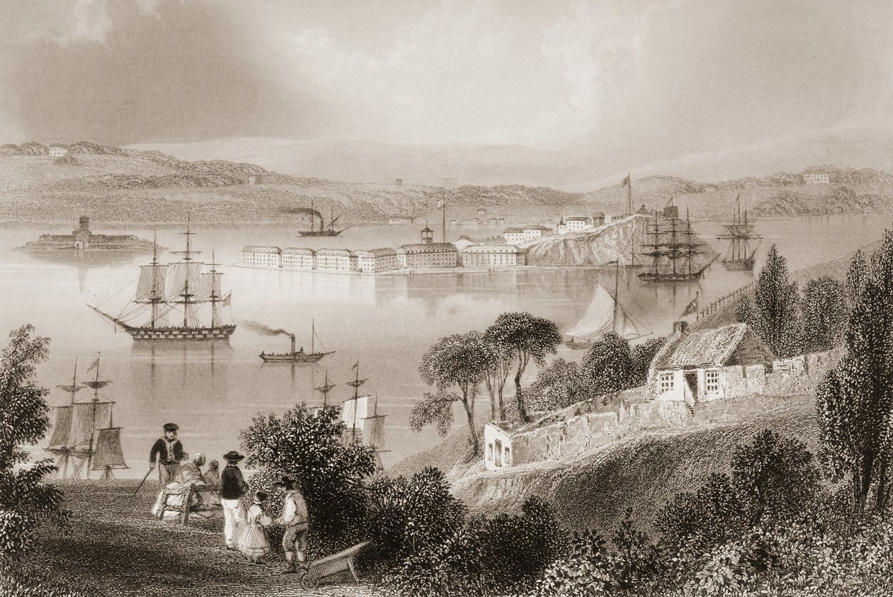 The Cove of Cork (agora Cobh), Condado de Cork, na Irlanda, de "Cenário e Antiguidades da Irlanda" por George Virtue, de 1860 de William Henry Bartlett