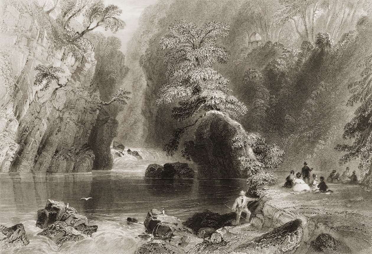 O Rio Dargle, Condado de Wicklow, de "Cenário e Antiguidades da Irlanda", de George Virtue, de 1860 de William Henry Bartlett