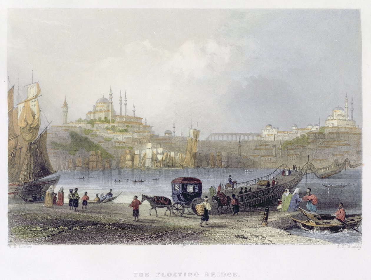 A ponte flutuante, Istambul, gravada por JC Bentley, c.1850 (aquatint) de William Henry Bartlett