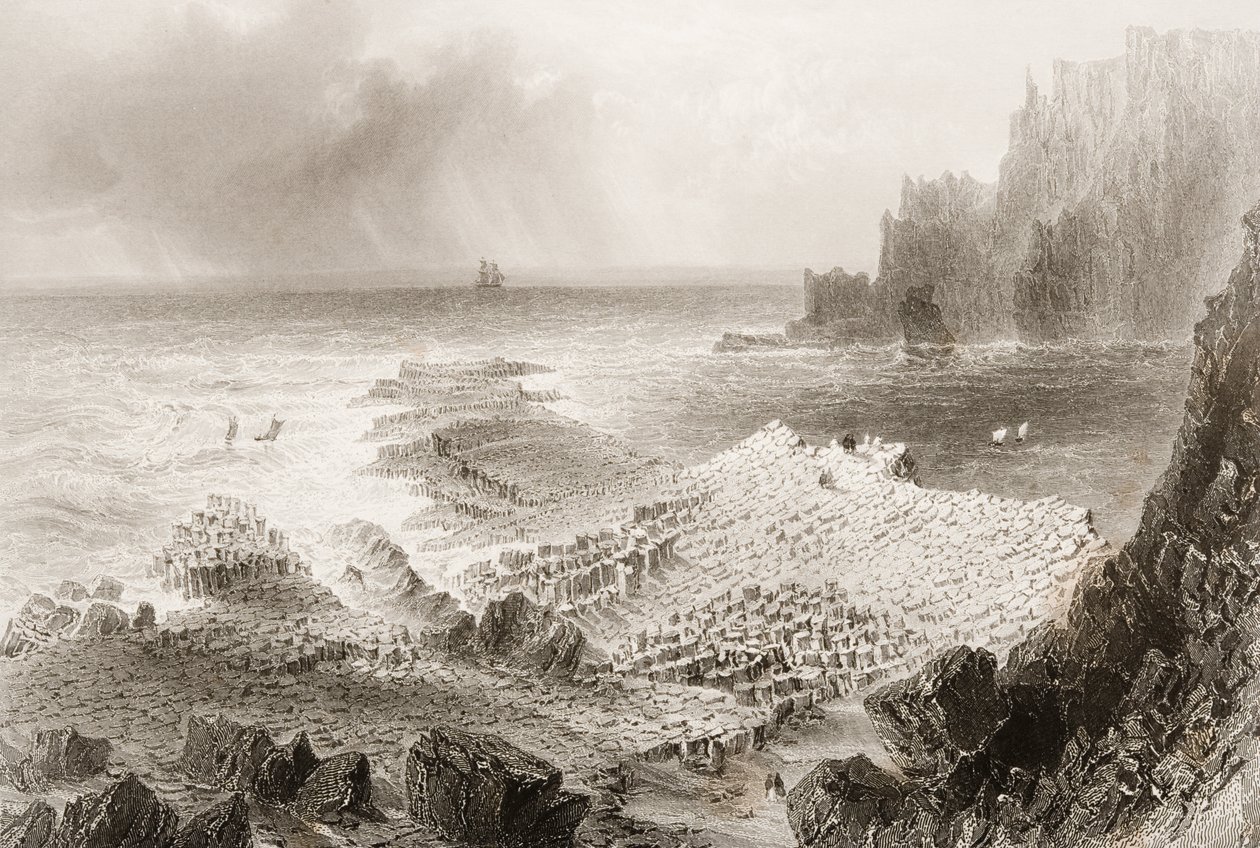 A Calçada dos Gigantes, Condado de Antrim, Irlanda do Norte, de "Cenário e Antiguidades da Irlanda" por George Virtue, de 1860 de William Henry Bartlett