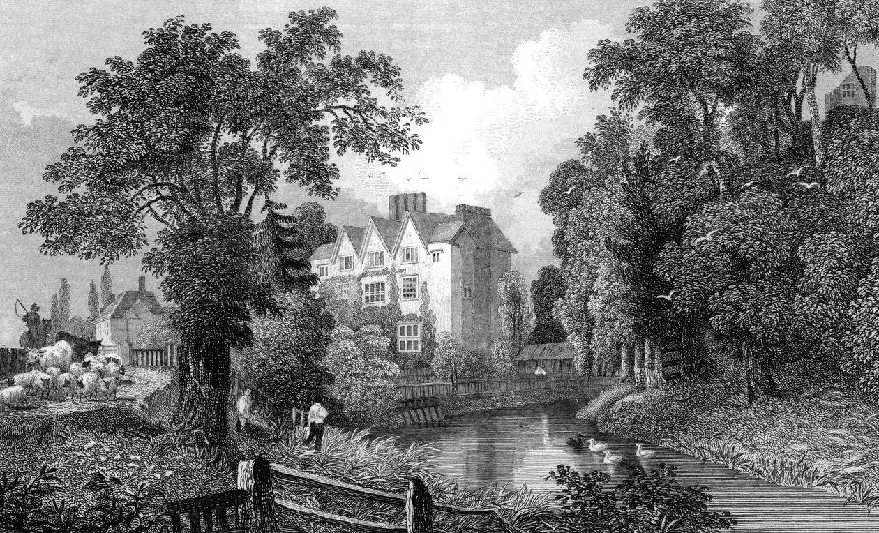 O fosso do Castelo de Ongar e Castle House, Essex, gravado por Henry Wallis, 1832 de William Henry Bartlett