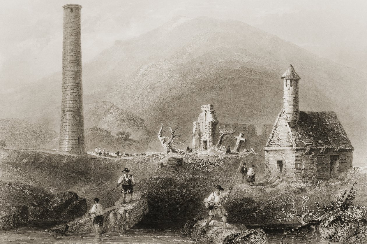 As ruínas de Glendalough, Condado de Wicklow, na Irlanda, de "Cenário e antiguidades da Irlanda", de George Virtue, década de 1860 de William Henry Bartlett
