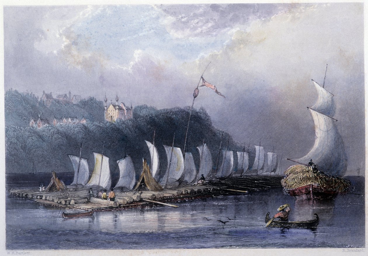 Transporte de madeira no St. Lawrence em Cap Santé - em "Canadian scenery illustrated" por Bartlett W. H. de William Henry Bartlett