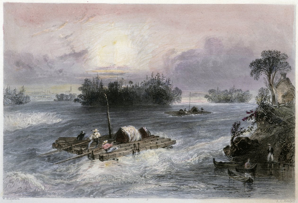 Transporte de Madeira e Rapids para a Vila de Cedros - em "Canadian scenery illustrated" por Bartlett W. H. de William Henry Bartlett