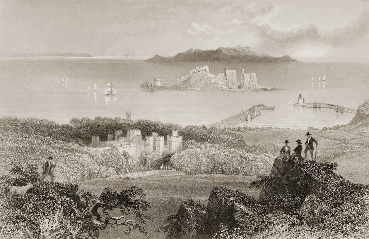 Vista, de, Howth, castelo, município dublin, irlanda, de, &39;Scenery, e, antiguidades, de, Ireland&39;, por, george, virtude, 1860s de William Henry Bartlett