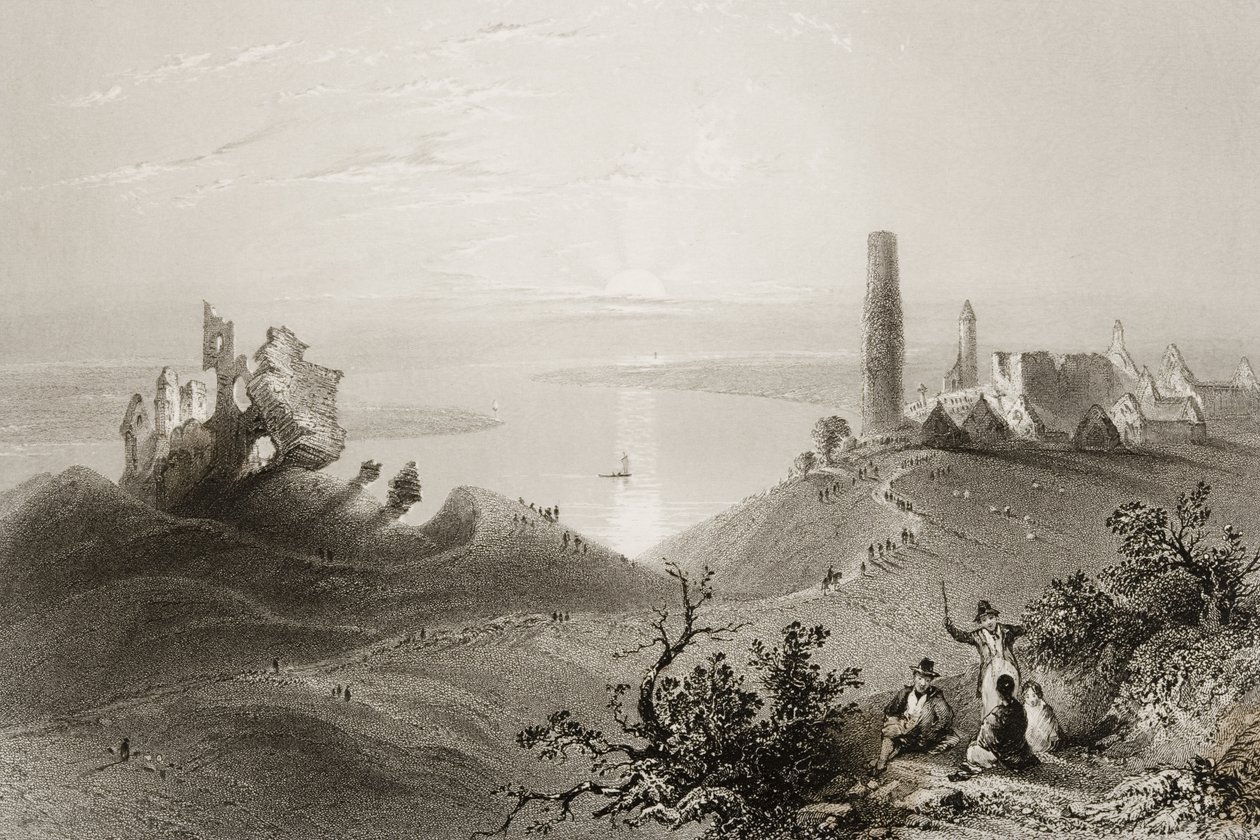 Vista, de, a, &39;Seven, igrejas, de, Clonmacnois&39;, município, Offaly, irlanda, de, &39;Scenery, and, antiquities, em, Ireland&39;, por, george, virtue, 1860s de William Henry Bartlett