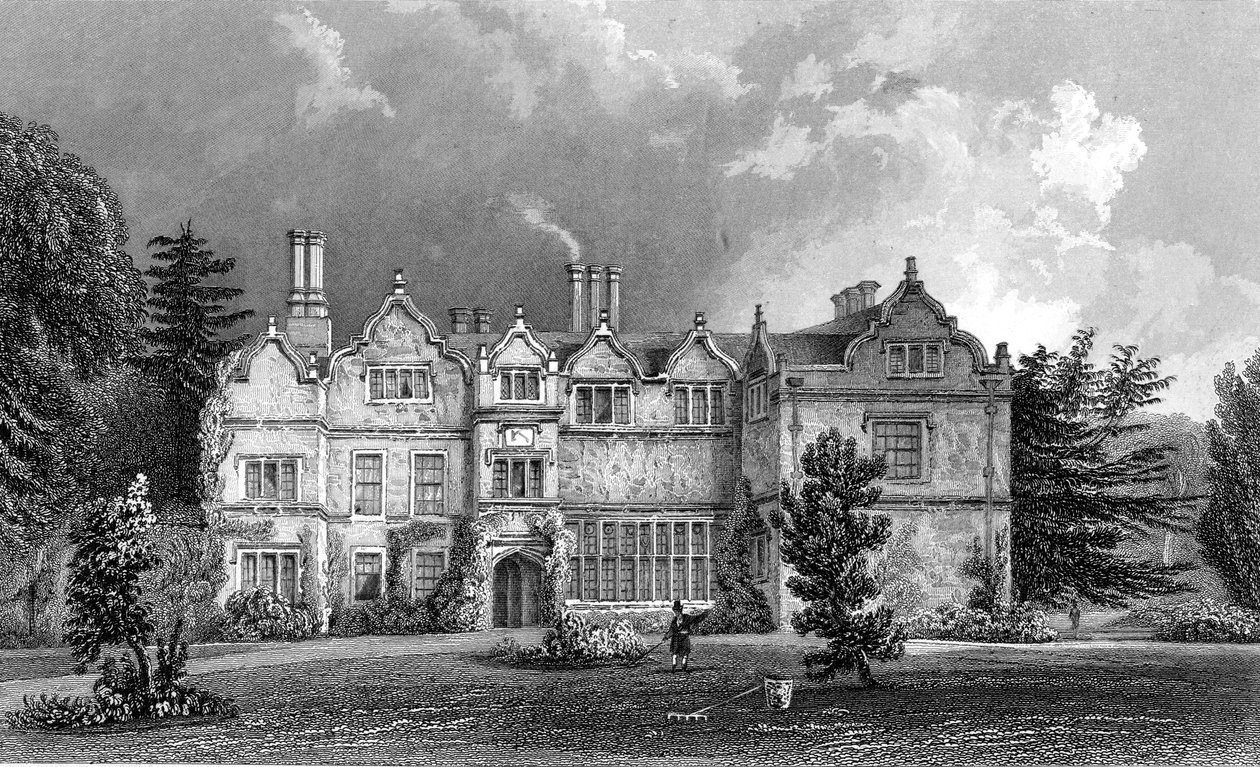 Frente Oeste do Spains Hall, Essex, gravado por John Rogers, 1832 de William Henry Bartlett