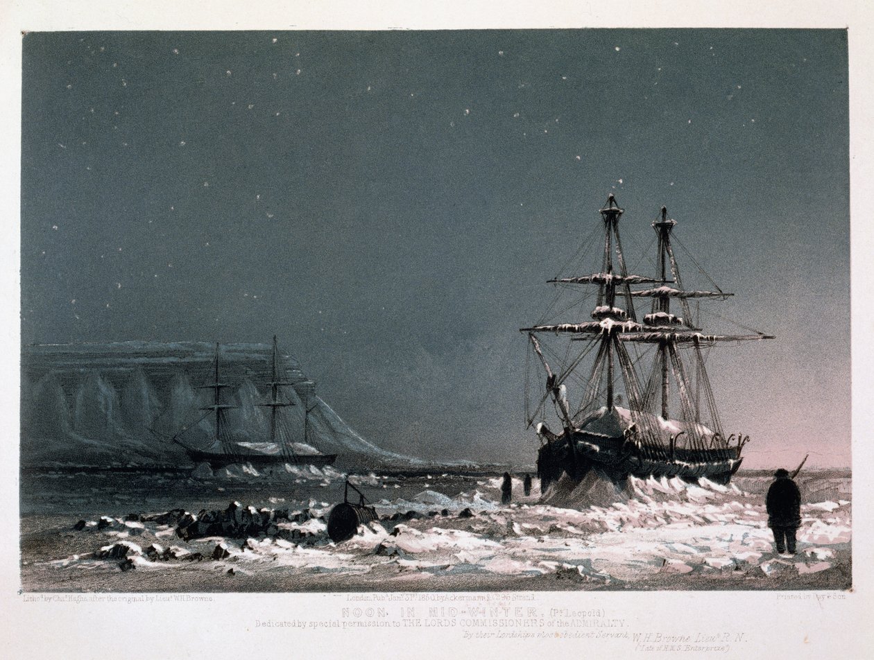 Meio-dia: No meio do inverno, Port Leopold, de &39;Dez vistas coloridas tiradas durante a Expedição Ártica da Empresa de Navios de Sua Majestade e Investigador sob o Comando do Capitão Sir James C. Ross&39;, engra de William Henry Browne