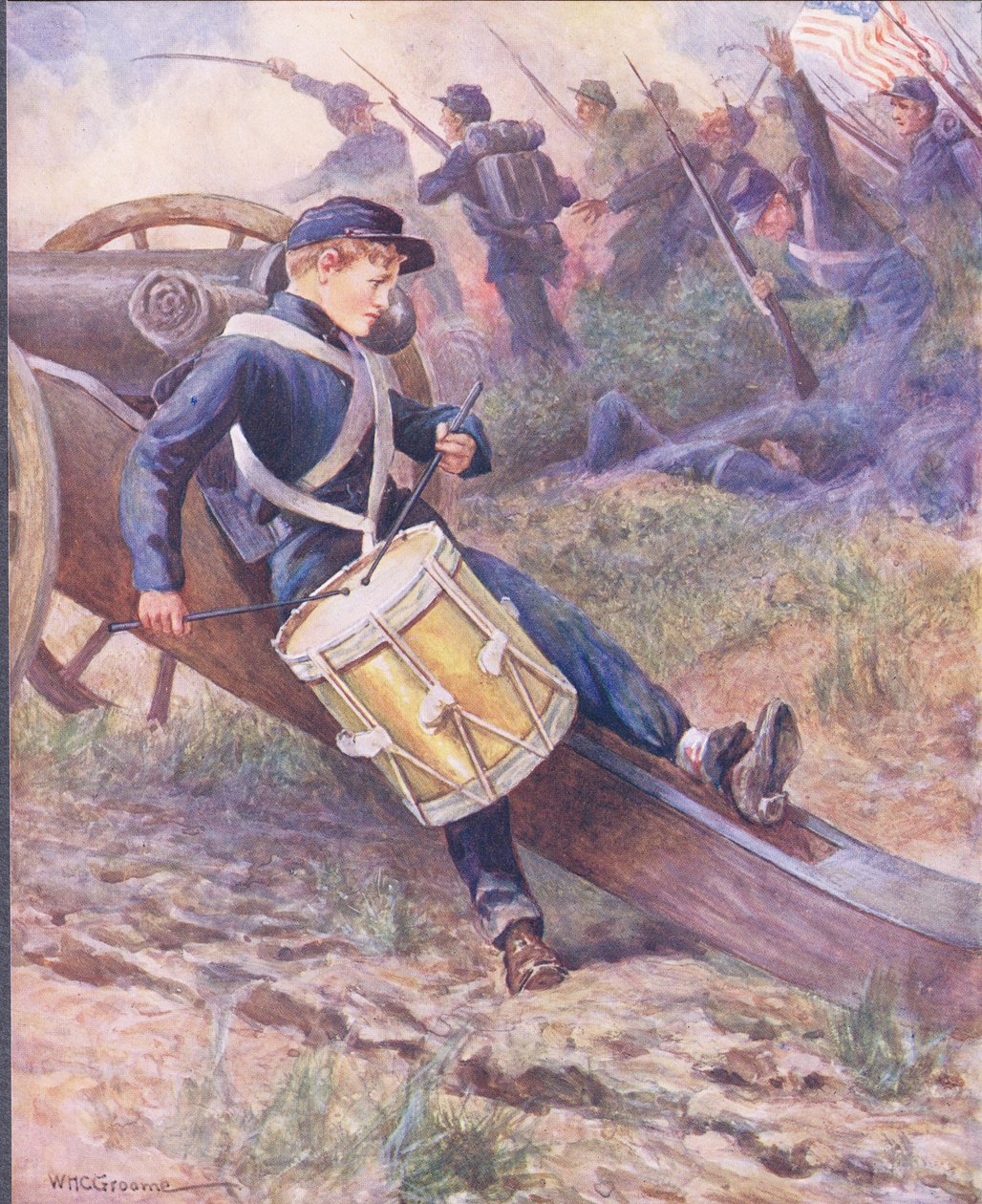 Ele rastejou por trás de um canhão e pálido e pálido cresceu, ilustração de "Ballads of Famous Fights" c.1900 de William Henry Charles Groome