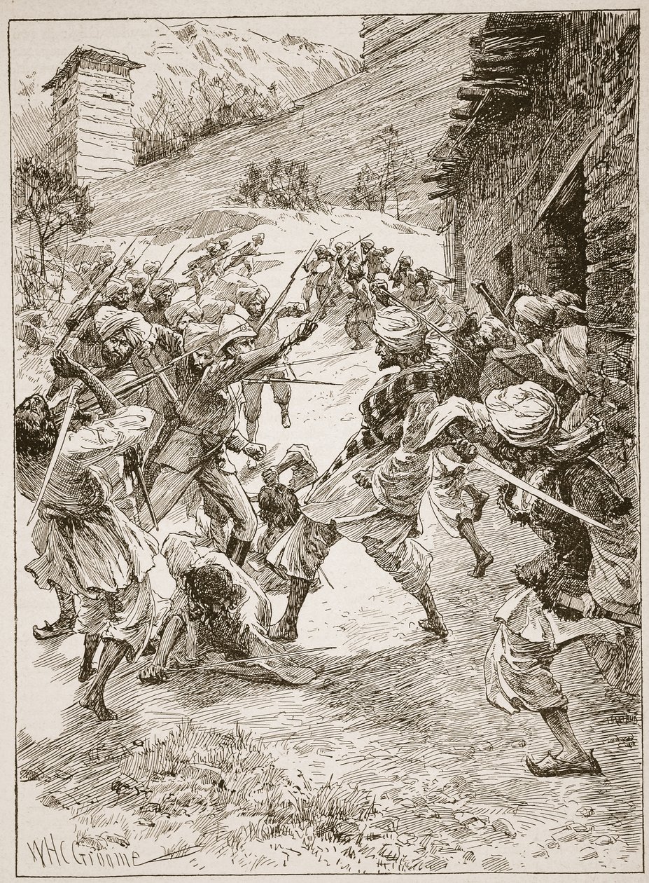 O tenente Harley, à frente de quarenta siques e sessenta caxemires, apressou a casa sobre a boca da mina, ilustração de "Batalhas do século dezenove", de Archibald Forbes, GA Henty an. de William Henry Charles Groome