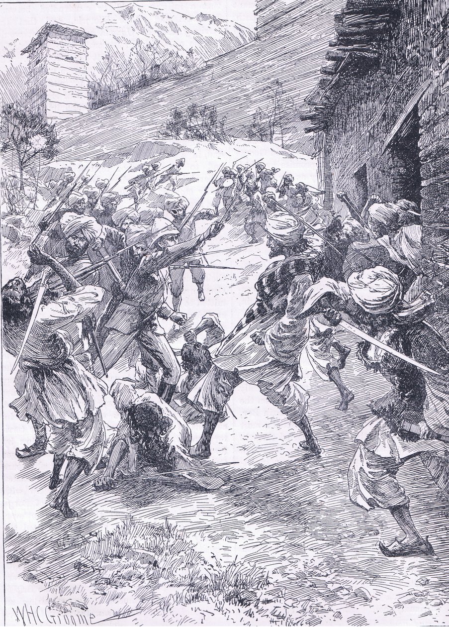 Tenente Harley liderando a sorte de Fort Chitral, ilustração deCassells History of England, de 1900 de William Henry Charles Groome
