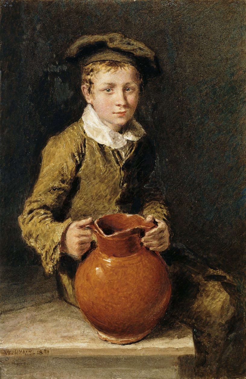 Um menino sentado em um banco com um jarro, 1839 de William Henry Hunt