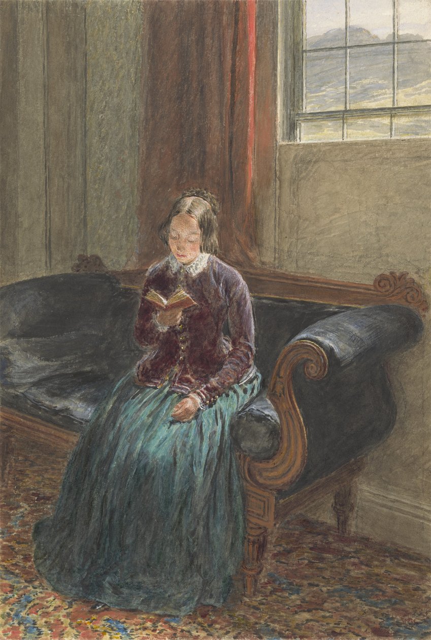 A Lady Reading, chamada Mrs. William Hunt, c.1835 (guache e wc sobre grafite no papel) de William Henry Hunt