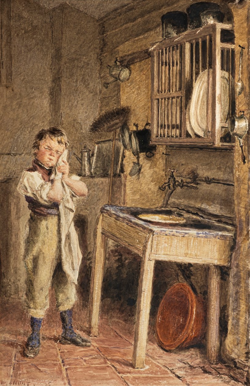 Um rapaz a lavar-se no lava-loiça da cozinha (aguarela) de William Henry Hunt