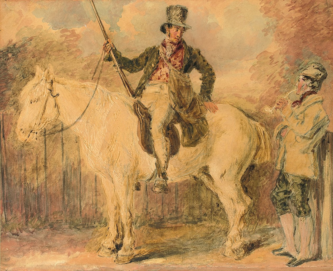 Um guarda-caça a cavalo e outro homem conversando de William Henry Hunt