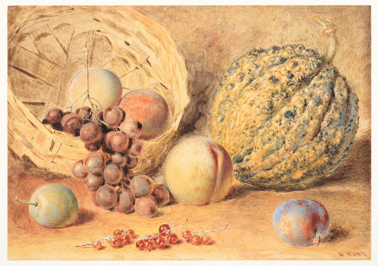 Cesto com melão, pêssegos, uvas e ameixas, c.1804 (grafite, aguarela com adição de goma-arábica, aguarela e riscado sobre papel de seda) de William Henry Hunt