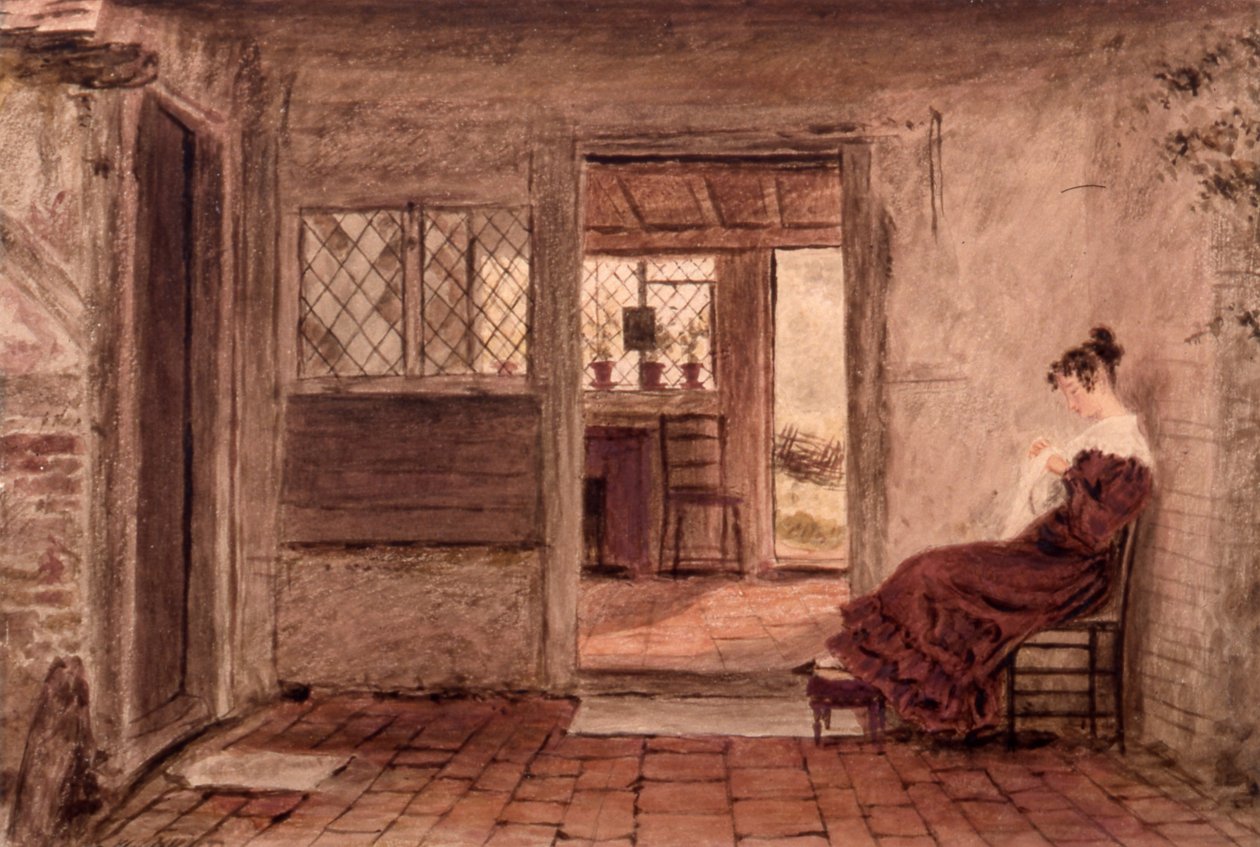 Interior de casa de campo com rapariga a costurar, c.1828 (aguarela sobre papel) de William Henry Hunt