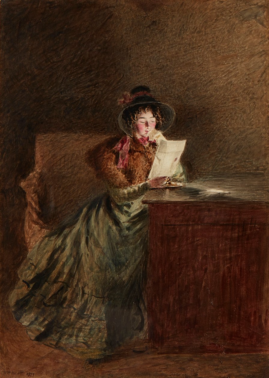 Menina lendo uma carta à luz de lamparina (aquarela e lápis) de William Henry Hunt