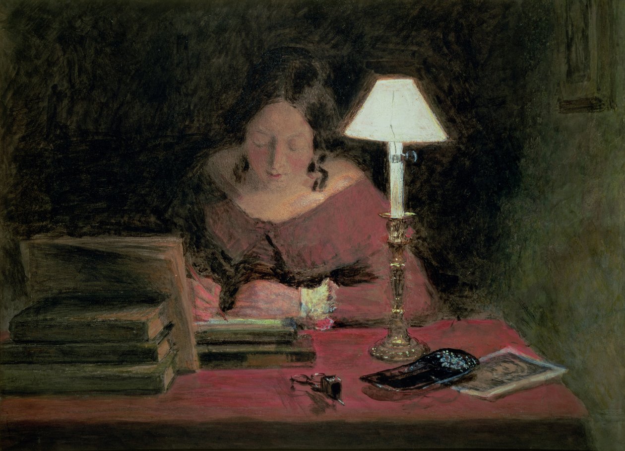 Menina escrevendo pelo Lamplight, c.1850 de William Henry Hunt