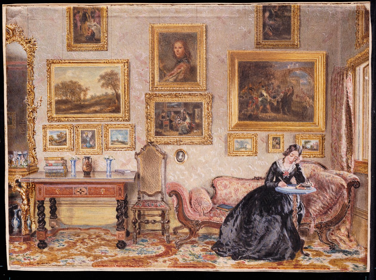 Interior de uma sala de estar com uma senhora em sua mesa de escrita de William Henry Hunt
