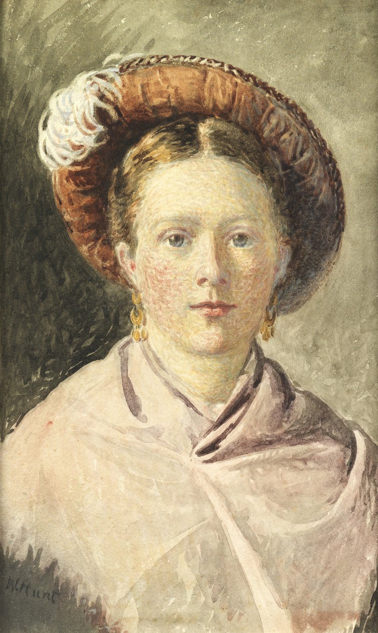 Senhora com um chapéu de penas (aquarela sobre papel) de William Henry Hunt