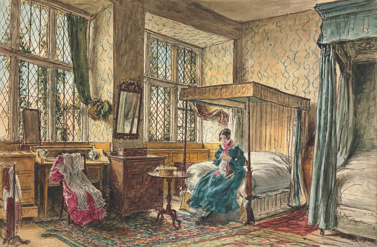 Miss Moore costurando em seu quarto, Hardwick Hall, Derbyshire de William Henry Hunt