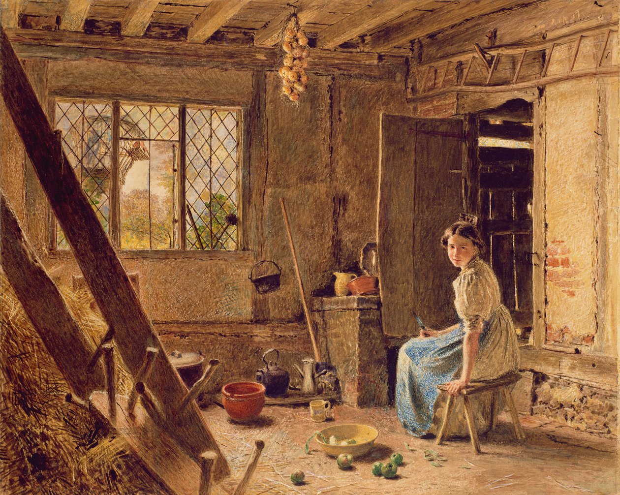 The Maid and the Magpie, Uma Casa Interior em Shillington, Bedfordshire, 1834 (wc destacado com branco sobre papel) de William Henry Hunt