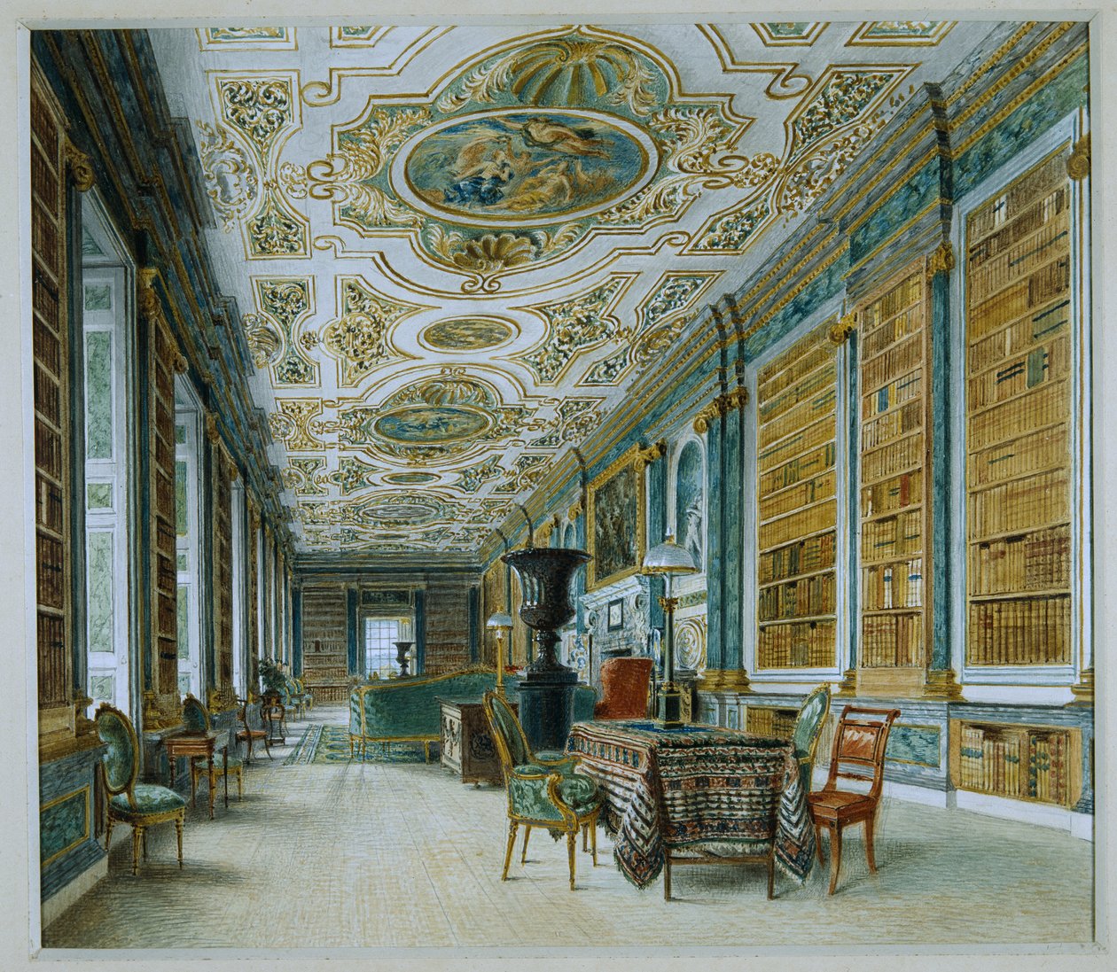 The Old Ballroom, agora a Biblioteca, Chatsworth (aguarela sobre papel) de William Henry Hunt