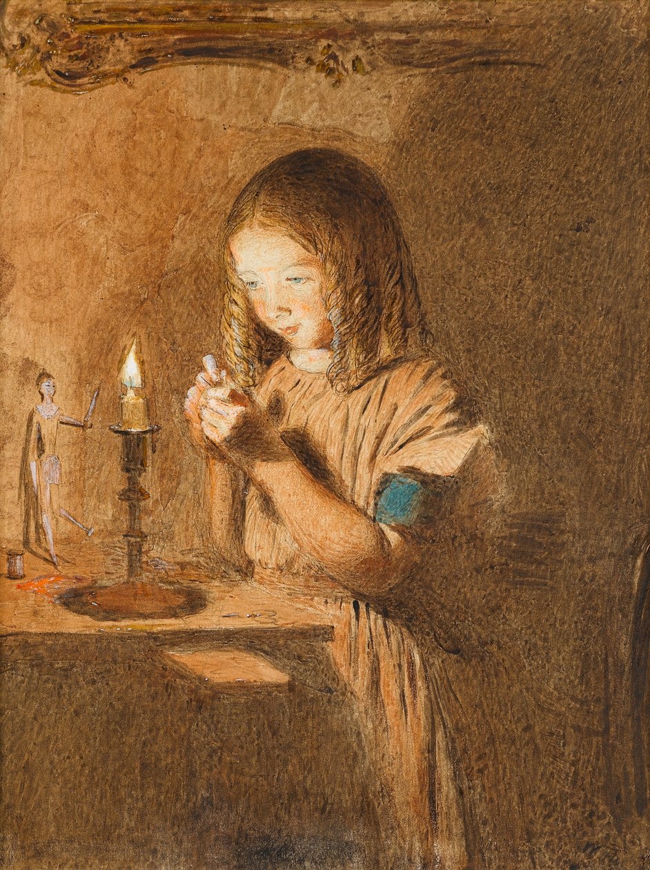 Enfiando uma Agulha: A Jovem Costureira, c.1845 (wc no papel) de William Henry Hunt