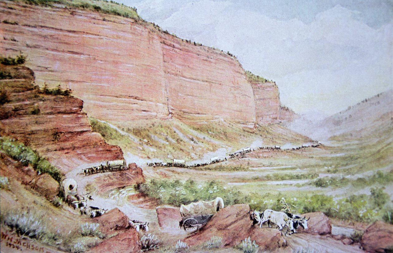Vagão mórmon que passa pelo Echo Canyon, a leste de Salt Lake City, Utah (cor litho) de William Henry Jackson