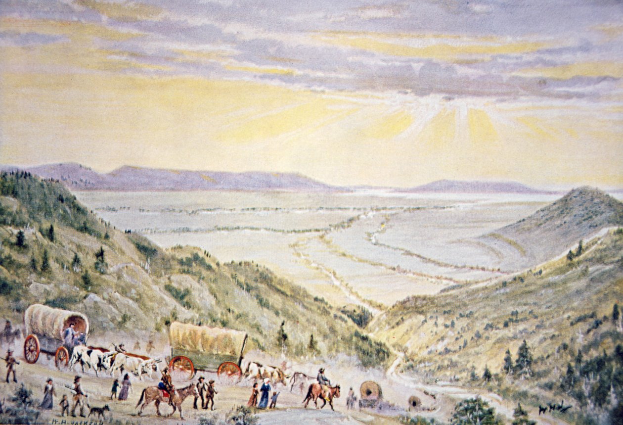 Mórmons descendo Little Mountain em Salt Lake City, Utah (cor litho) de William Henry Jackson