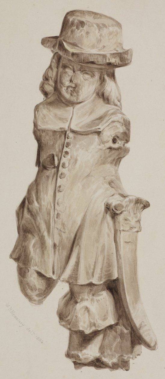 Figura esculpida em carvalho, uma vez na entrada da casa construída no local da Boars Head Tavern, Eastcheap, 1834 (lavar no papel) de William Henry Kearney