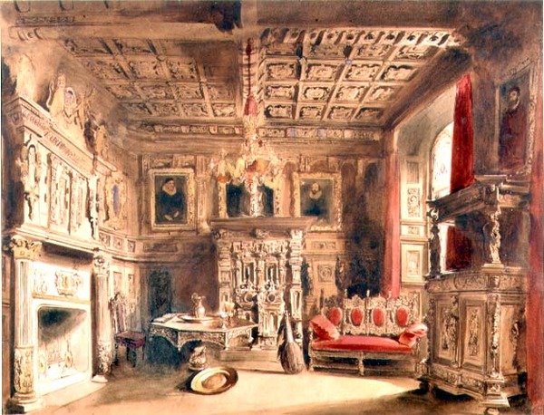 Um Tudor Interior (tinta castanha e aguarela sobre papel) de William Henry Lake Price