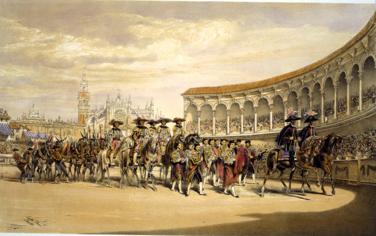 Entrada dos toreros em procissão. Lake Price (c1810-1896) Artista inglês. Touradas em procissão no estádio de Sevilha, Espanha. Corrida Matador Tradição Traje de Sangue Espetáculo Espetáculo de William Henry Lake Price