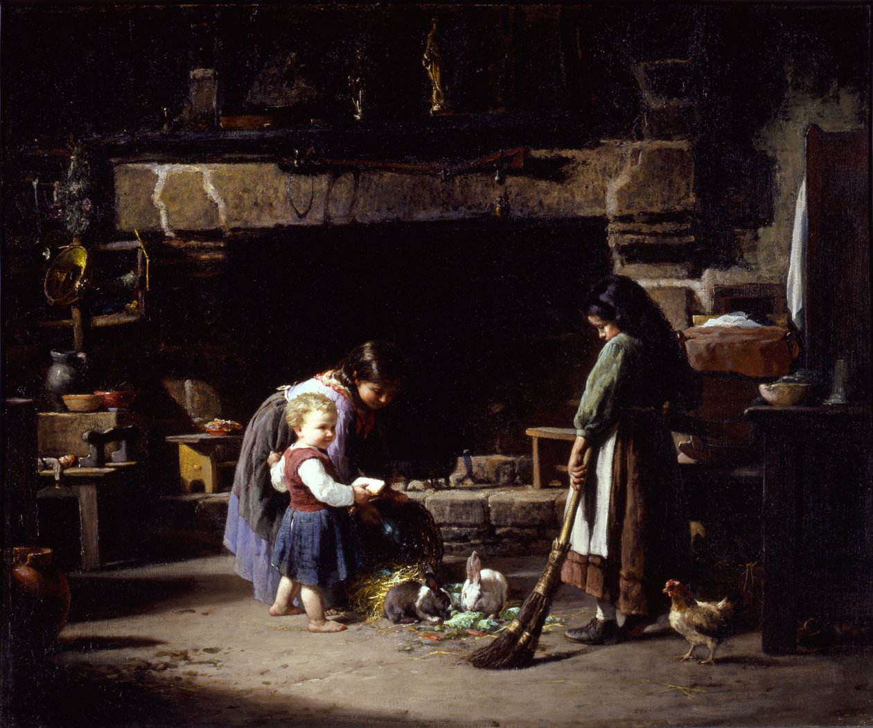 Interior da fazenda: Alimentando Coelhos Bretões, 1878. de William Henry Lippincott