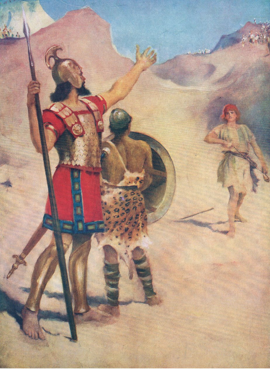 Davi e Golias, de O Livro de Gravuras da Bíblia, publicado por Thomas Nelson, c.1950 de William Henry Margetson