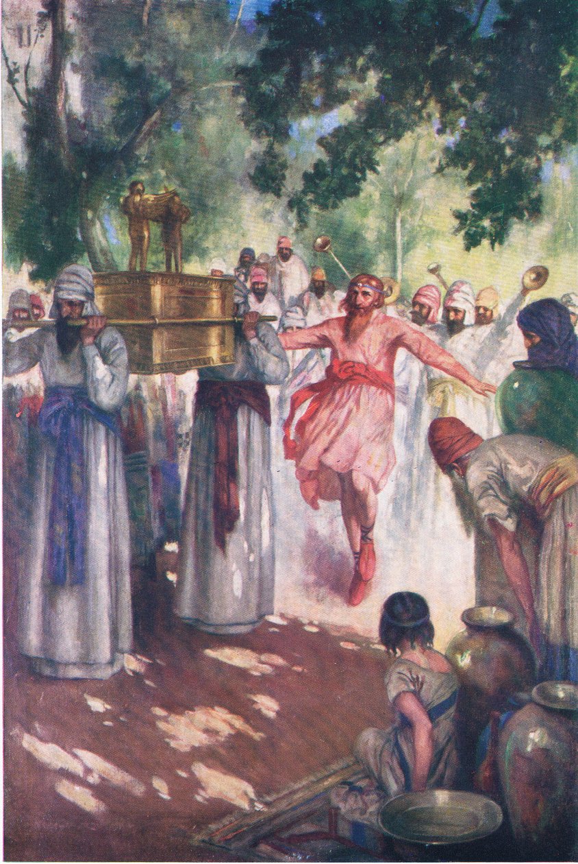 Davi traz a Arca para Jerusalém, do Livro de Gravuras da Bíblia publicado por Thomas Nelson, c.1950 de William Henry Margetson